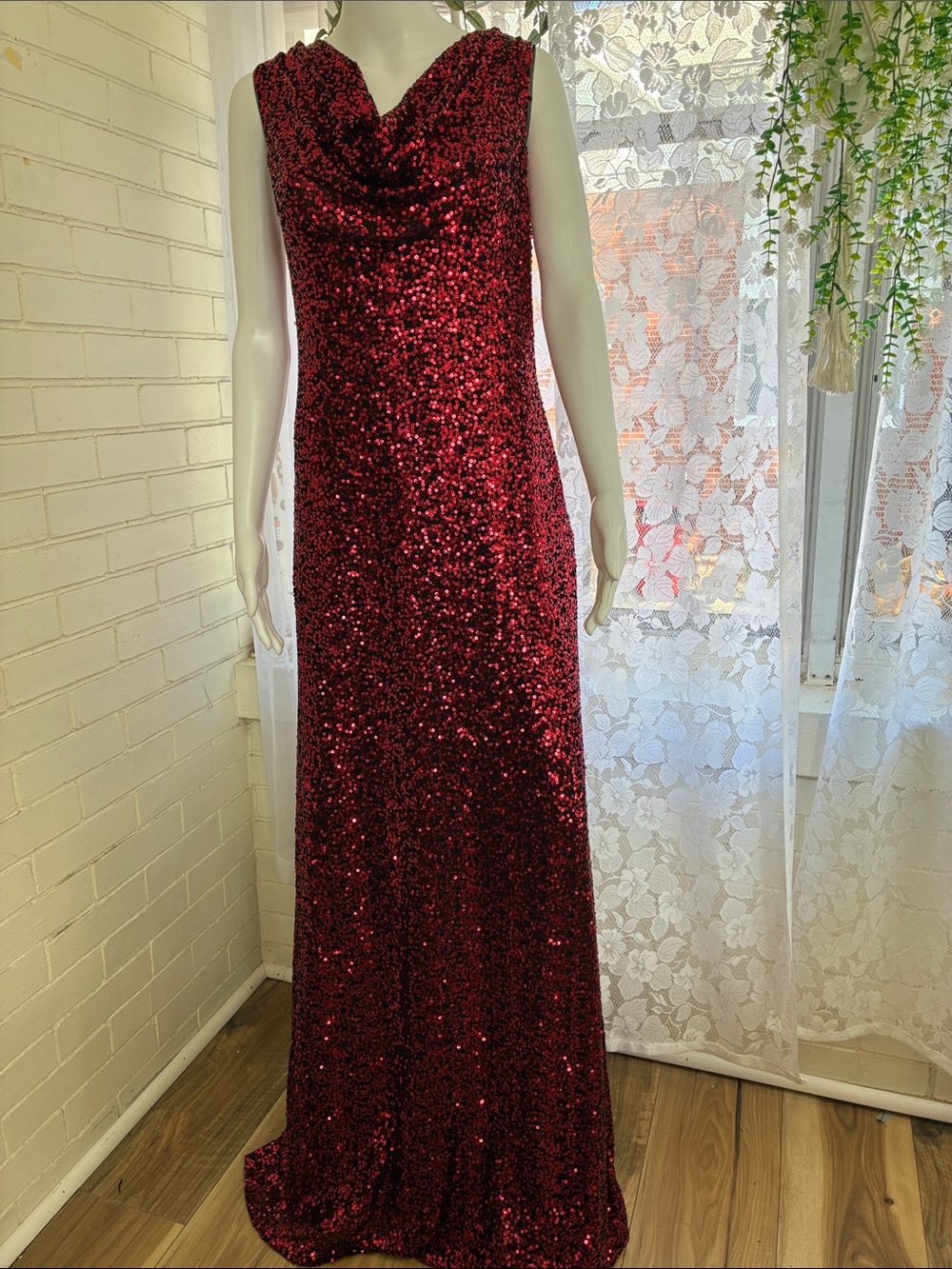 Cachet Wine Red Sequin Cowl Neck Maxi Dress